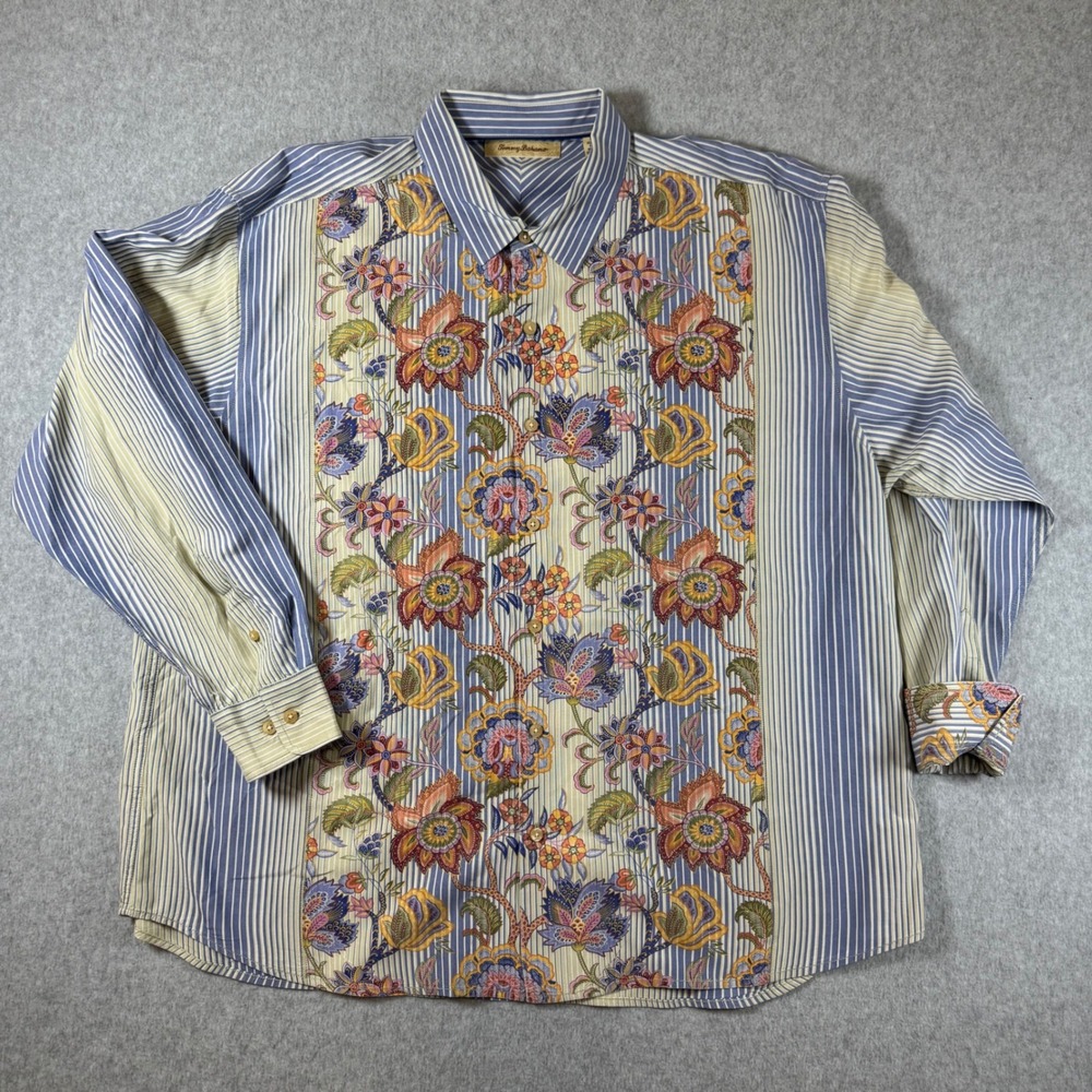 Tommy Bahama Mens XXL Silk Cotton Striped Floral Paisley Button Down Shirt Blue